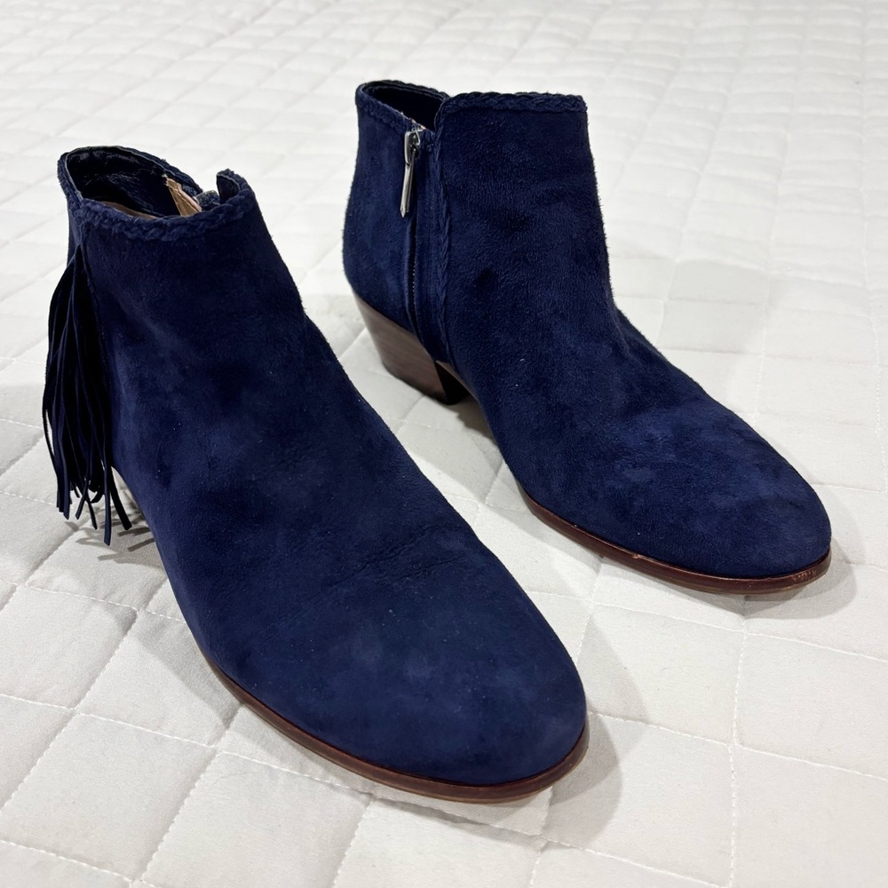 Sam Edelman Paige Navy Western Suede Ankle Booties Fringe Zipper Block Heel 9